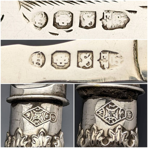 大約 1860 年英國古董銀盤魚餐具 5 對套裝在木盒中